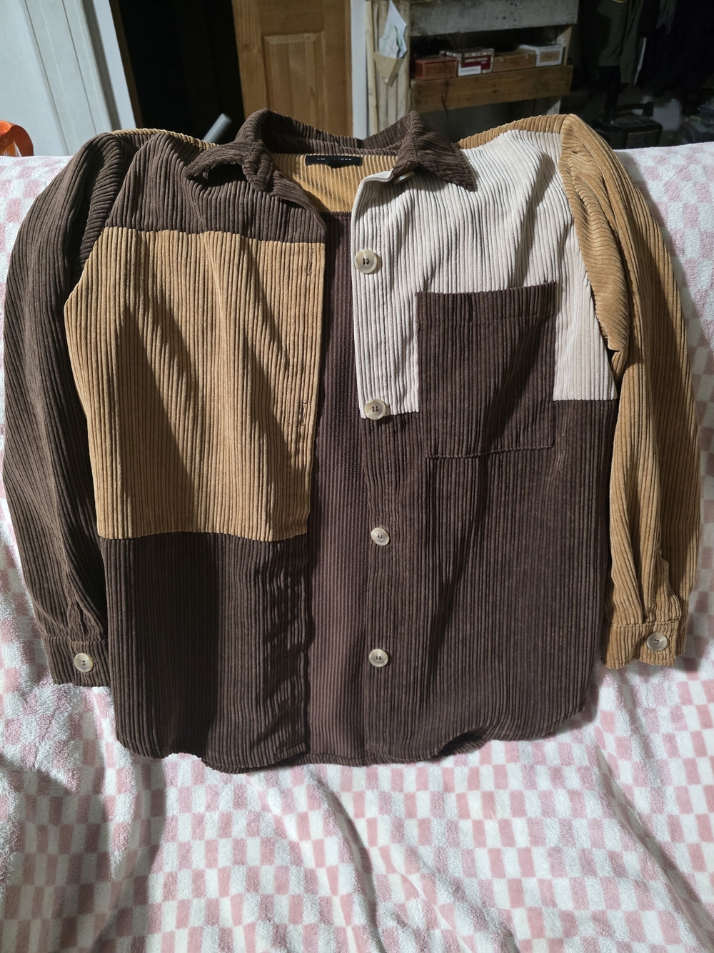 Love Tree Corduroy Patchwork Button-Down Shirt - Brown/Tan/Cream
